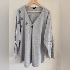 Gray Star-Print V-Neck Zip Sweater